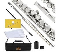Glory Flûte traversière en Do à plateaux fermés avec étui, écouvillon, chiffon, graisse et gants Argenté nickel