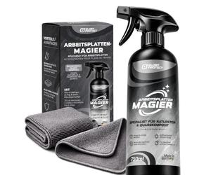 GLORYPROTECT Le Magicien des plans de travail + Flip & Shine - Nettoyant premium 750 ml + 2 chiffons microfibres | Pierre naturelle, quartz composite, Dekton & surfaces minérales