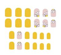 Glossy Short Square Faux Ongles Avec Des Fleurs Jaunes Artificiels Faciles À Appliquer Des Couvertures Complètes Bâton Sur 24 Pièces Faux Ongles
