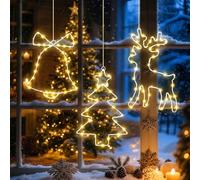 Glovios Lumières LED Noël 3 Pièces,Décoration de Noël,Etoiles Sapin de Noëls Rennes,135 LED Guirlande Lumineuse Exterieure Intérieur,8 Modes Guirlande à Pile(Non Inclure) avec Minuterie