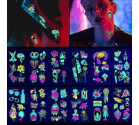 Glow In The Dark Tatouages Temporaires, Étanche Lumineux Couleur Tatouage Autocollant Transfert Papier Fluorescence Adhésif Tatouages ¿¿Néon Faux Tattoos Temporary Pour Femmes Hommes Bar Party