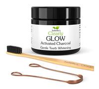 GLOW Kit de blanchiment des dents (4 pièces) | Poudre de charbon actif pur de qualité alimentaire + Brosse à dents ultra souple en bambou + Nettoyeur de langue en cuivre + Sac écologique