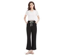 GLOWELFA Pantalon Large Fluide Femme Été Plissé Taille Haute Grande Taille avec Cordon | Tenue Légère Confortable Chic pour Vacances Noir (G82101,S,Noir)