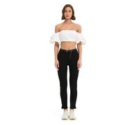 GLOWELFA Pantalon Noir Femme Taille Haute Coupe Droite Slim Stretch Cigarette à Taille Élastique Chic et Élégant pour Le Travail(07122,M,Noir)