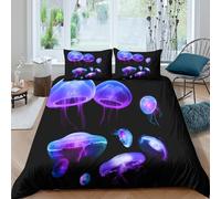 Glowing jellyfish Housse de Couette Hypoallergique Microfibre 3 pièces Imprimé en 3D Neon océan creatures Ensemble De Literie avec Taie d'oreiller Ultra Douce for Adultes Enfants King（220x240cm）