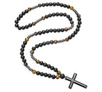 Glowjoy Collier Chapelet Croix Catholique, Pendentif de Croix, Collier Œil de Tigre, Bijoux pour Homme et Femme, pour Chrétiens Catholiques Communion Religieuse, Baptême, Messe, Bible