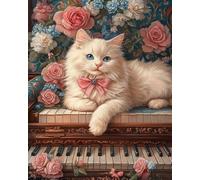 GLTEYACO 5D Diamant Peinture pour Adulte Chat piano avec fleurs DIY Art du Diamant Complet Kits Diamant Painting Kit, Débutants Maison Décoration 40x50 cm