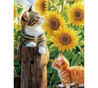 GLTEYACO Kit de broderie au point de croix pré-imprimé Chat tournesol 11CT Complet Adulte Debutant Estampillé Canevas Broderie Point de Croix Kits-40x50 cm