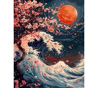GLTEYACO Kit de broderie au point de croix pré-imprimé Vagues de cerisiers en fleurs 11CT Complet Adulte Debutant Estampillé Canevas Broderie Point de Croix Kits-40x50 cm
