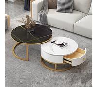 GLTZEN Tables Basses Rondes pour Salon Ensemble de 2, Ensemble de Table d'appoint Gigognes avec Tiroir de Rangement, Table de Canapé avec Texture Marbre Ardoise Cadre en Métal Table à Thé Moderne p