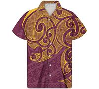 GLUDEAR Chemise à manches courtes et col cuba pour homme - Imprimé tribal polynésien 3D - Style décontracté, bordeaux, Taille S