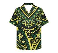 GLUDEAR Chemise décontractée à manches courtes et col cuba pour homme Imprimé tribal polynésien 3D, Jaune tribal, Taille 7XL