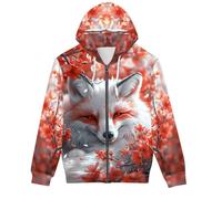 GLUDEAR Sweat à capuche unisexe avec impression numérique 3D réaliste et fermeture éclair intégrale, Renard blanc en fleur de cerisier, Medium