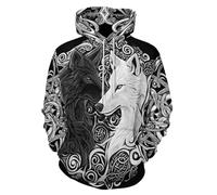 GLUDEAR Sweat à capuche Vikings Tatouage Mythologie Norse Graphique Impression 3D, Fenrir Wolf Nœud celtique, Large