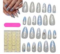 Glue bleue sur les ongles, faux ongles bleus,24 pièces en acrylique moyen appuyez sur les ongles | Autocollants de manucure de pointe française, doigt artificiel fait maison pour les fêtes de voyage