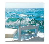 Glücksvilla - Chaises devant la mer - (image sur toile 5 cm, 100 x 100 cm) en Allemagne - Impression d'art XXL - Tableau mural décoratif carré - Port de Mykonos, taverne, mer Égée et Cyclades