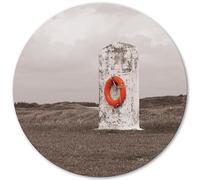 Glücksvilla - Tableau mural rond : bouée de sauvetage rouge (verre acrylique 5 mm, Ø 80 cm) en Allemagne - Impression d'art XXL ronde - France Bretagne mer côte plage rochers photographie