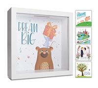 GLÜCKSWOLKE - Tirelire Enfant I Motif Dream Big I Tirelire pour Fille et Garçon I Cadre Photo en Bois I 3D Boîte à Images I Cadeaux pour Anniversaire, Fete de Bebe ou Bapteme, Cadeau De Noel