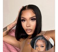 Glueless Wigs Perruque Cheveux Humain pas de Colle Pre Cut 4x4 HD Lace Closure Curly Wigs Wear and Go Bob Wig Human Hair Straight Perruque Femme Naturelle Brésilien Couleur Naturelle 8 Pouces