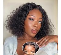 Glueless Wigs Perruque Cheveux Humain pas de Colle Pre Cut 5x5 HD Lace Closure Curly Wigs Wear and Go Bob Wig Human Hair Deep Wave Perruque Femme Naturelle Brésilien Bouclée Couleur Naturelle 8 Pouces