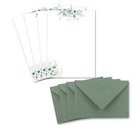 Glüxx Agent Lot de 25 feuilles de papier naturel imprimables pour invitations de mariage - Format A5 - Crème avec branches d'eucalyptus - Enveloppes vertes