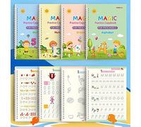 GLUN Carnet d'entraînement magique réutilisable 4 livres de mathématiques, dessin, alphabet, chiffre, stylo avec 10 recharges, livres de calligraphie magique pour enfants
