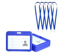 GLUN Lot de 5 étuis horizontaux bleus en plastique avec 5 sangles bleues de qualité supérieure, double face visibles, porte-carte d'identité unisexe pour bureau, école et université