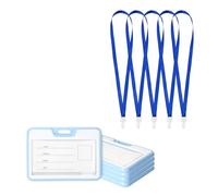 GLUN Lot de 5 étuis horizontaux en plastique bleu avec 5 sangles bleues de qualité supérieure, double face visibles, porte-cartes d'identité unisexe pour bureau, école et université