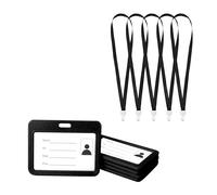 GLUN Lot de 5 étuis horizontaux en plastique noir avec 5 sangles noires de qualité supérieure, double face visibles, porte-cartes d'identité unisexe pour bureau, école et université