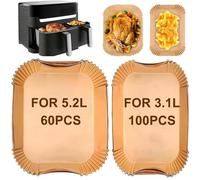 Glvomazty Papier Cuisson Pour friteuse pour Moulinex Tefal 5.2L/3.1L, Papier Sulfurisé pour Air Fryer Philips Airfryer Série 3000, Friteuse Pour Grande Et Petite Friteuse À Deux Tiroirs(60pcs+100pcs)
