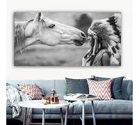 GLWDMB Tableau de Portrait de cheval indien en noir et blanc, affiche imprimée sur toile, image murale pour salon sans cadre, 1 Pièce