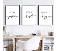 GLWDME Art mural sur toile avec citation « Stay Positive » - « Work Hard Make It Happen » - Peinture sur toile de motivation - Noir et blanc - Décoration murale de bureau - Sans cadre, 3 Pièces
