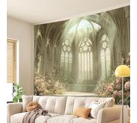 GLWDMH 150x130CM Tapisserie murale en polyester motif cathédrale gothique et roseraie, pour chambre, bureau, dortoir, décoration de fête, avec kit d'installation