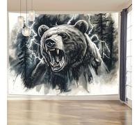 GLWDMH 150x130CM Tapisserie murale en polyester représentant un ours en colère dans une forêt, pour chambre, bureau, dortoir, décoration de fête, avec kit d'installation