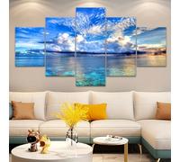 GLWDMH Blue Sky White Clouds Sea View Modular 5 panneaux Art mural Peinture sur toile Poster et impressions Tableau mural pour salon, chambre à coucher, salle à manger, bureau (sans cadre)