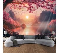 GLWDMH Tapisserie murale en polyester représentant des fleurs de cerisier et une rivière de montagne, pour chambre, salon ou décoration de fête, avec kit d'installation