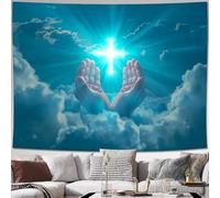 GLWDMH Tapisserie murale en polyester représentant des mains levées en prière et une croix lumineuse, pour chambre, bureau, dortoir, décoration de fête