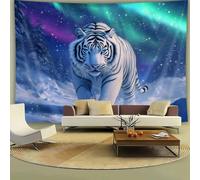 GLWDMH Tapisserie Tigre Blanc, Aurores Boréales et Paysage de Montagne, Toile de Fond Artisanale 3D sur le Thème des Animaux, Tenture Murale en Polyester