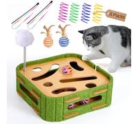 GLYVIAN Jouets interactifs 5 en 1 pour chat en bois - Puzzle intelligent - Boîte à friandises - Accessoires d'enrichissement avec boules, baguettes et ressorts en spirale pour chaton d'intérieur et