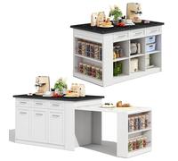 GLYYR îlot de Cuisine,Ilot Central Cuisine avec Plan de Travail Pliable, 3Tiroirs, 3 Portes avec Rangement, Organiseur Coulissant à 3 Niveau, Étagères Réglables,Étagère à épices