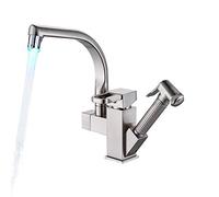 GLYYR Laiton Robinet De Cuisine Mitigeur D'évier Rotatif À 360°avec Douchette Extractible Mitigeur Cuisine 2 Modes De Pulvérisation Robinet Lavabo,LED Brushed Nickel