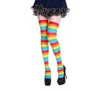 GMBYLBY Chaussettes de Noël multicolores rayées, chaussettes de sorcière pour femmes et filles, chaussettes au-dessus du genou, collants de jeu de rôle, chaussettes à rayures de Noël pour Halloween