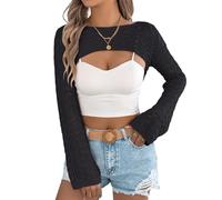 GMBYLBY Pull Court de Couleur Unie, Manches Longues, col Rond, Haussement d ' épaules, décontracté, ajusté, Tricot ajouré, Pull-Over Hollowout Knitting Crop Top