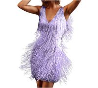 GMGM 2023 Robe à Paillettes Samba Tango Latin Robe avec Gland 1920 Party Club Robe de Danse sans Manches Bretelles Spaghetti Dos Nu Glitter Party Mini-Robe Costume de Danse Robe de Cocktail du Soir