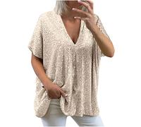 GMGM 2023 T Shirt Femmes Manches Courtes Col V Brillant Métallisé Glitter Grandes tailles Casual Basique Paillettes Haut Décontracté Brillante Sequins Étincelle Ample Oversize Tops Fête club