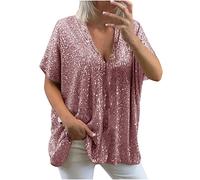 GMGM 2023 T Shirt Femmes Manches Courtes Col V Brillant Métallisé Glitter Grandes tailles Casual Basique Paillettes Haut Décontracté Brillante Sequins Étincelle Ample Oversize Tops Fête club
