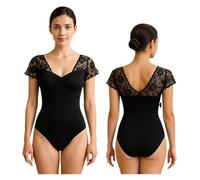 GMGQJST Justaucorps Danse Femme Justaucorps de danse classique à manches courtes en dentelle for femmes, haut de gymnastique for adultes avec cordon de serrage, décolleté en V et dos creux(M)