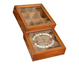 GMGQJST Petite Boite De Rangement Support de comptoir for sachets de thé, Sachet de Sucre, Organisateur de café, boîte à thé à 9 Compartiments, tiroir en Bois avec fenêtre, boîte à thé(Printing)