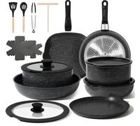 GMISUM Lot de 22 casseroles à induction avec poignée amovible, casseroles pour tous les types de feux, poêle 20/24 cm, poêle profonde 26 cm, casserole 18/20 cm, poêle à steak 24 cm, noir