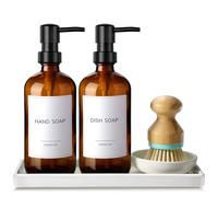 GMISUN Distributeur de savon à vaisselle, 45 ml avec plateau en céramique et brosse en bambou, 2 distributeurs de savon en verre ambré, ensemble de pompe à savon liquide rechargeable pour vaisselle et